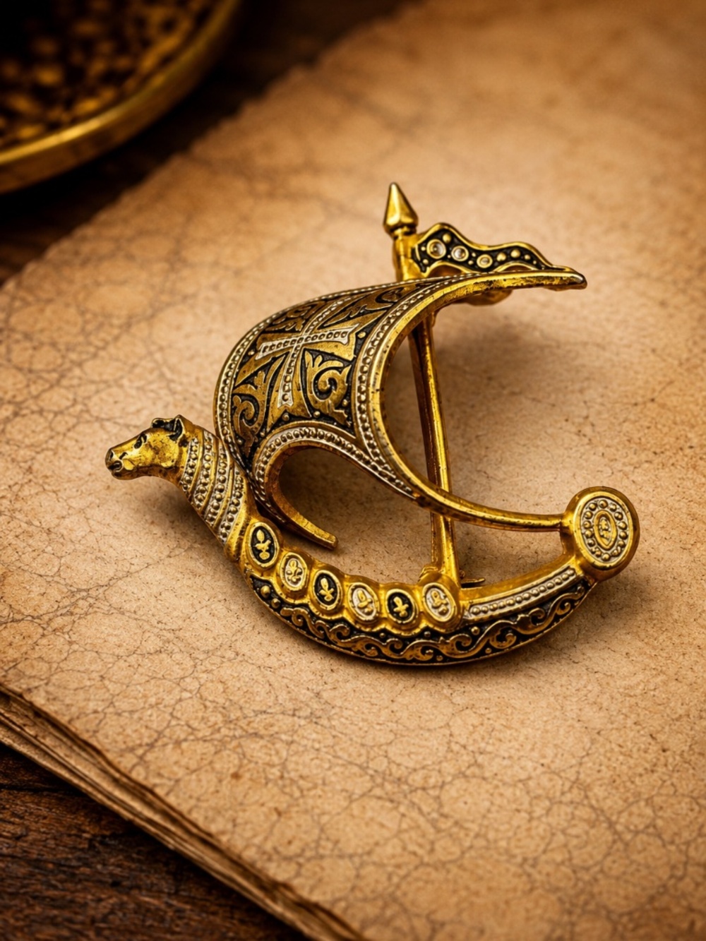 Vintage Gold Black‎ Viking Ship Brooch Damascene Style OS